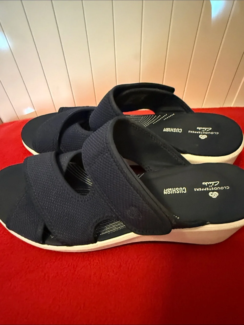 Clarks Navy Blue Wedge Slide Sandals - Women's